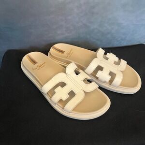 Sam‎ Edelman Women Valeri Cream Leather Slide Sandals H Logo Size 8M